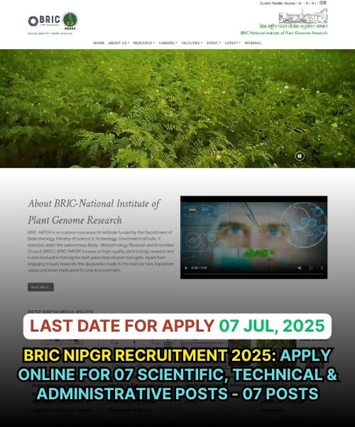 BRIC NIPGR Recruitment 2025: Apply Online for 07 Scientific, Technical & Administrative Posts