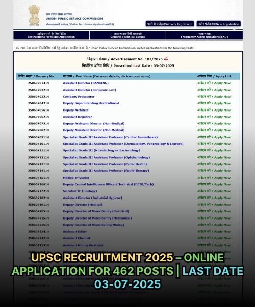 UPSC Recruitment 2025 – Online Application for 462 Posts | Last Date 03-07-2025