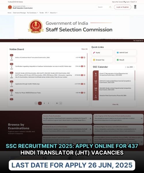 SSC Recruitment 2025: Apply Online for 437 Hindi Translator (JHT) Vacancies