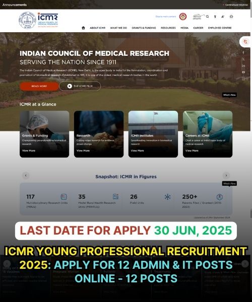 ICMR Young Professional Recruitment 2025: Apply for 12 Admin & IT Posts Online