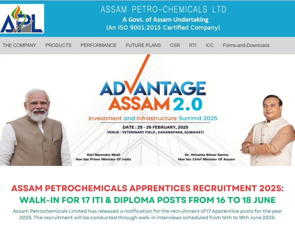 Assam Petrochemicals Apprentices Recruitment 2025: Walk-in for 17 ITI & Diploma Posts from 16 to 18 June