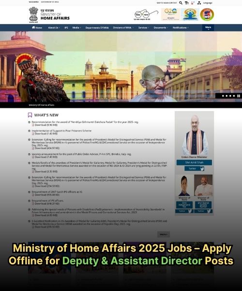 Ministry of Home Affairs 2025 Jobs – Apply Offline for Deputy & Assistant Director Posts