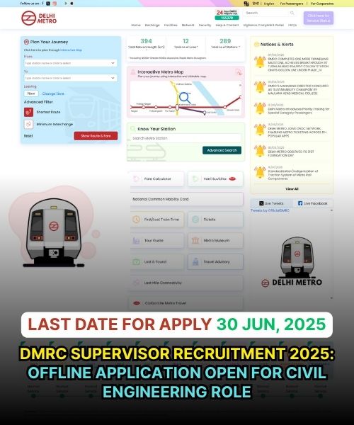 DMRC Supervisor Recruitment 2025: Offline Application Open for Civil Engineering Role