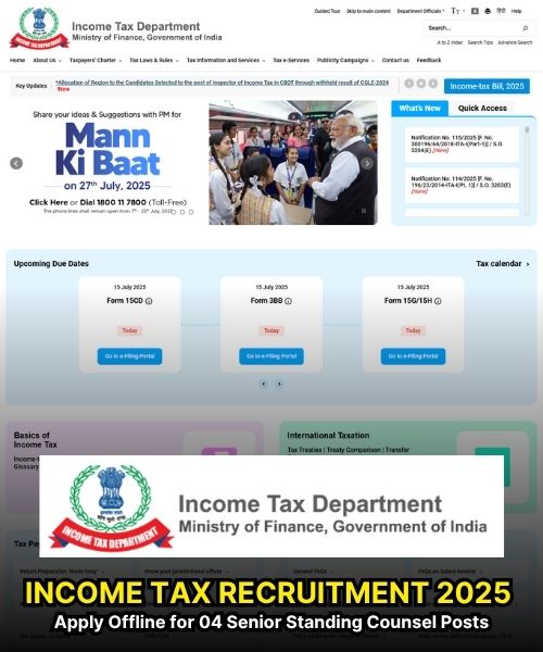 Income Tax Senior Standing Counsels Recruitment 2025 – 04 Posts, Apply Offline by 20 August